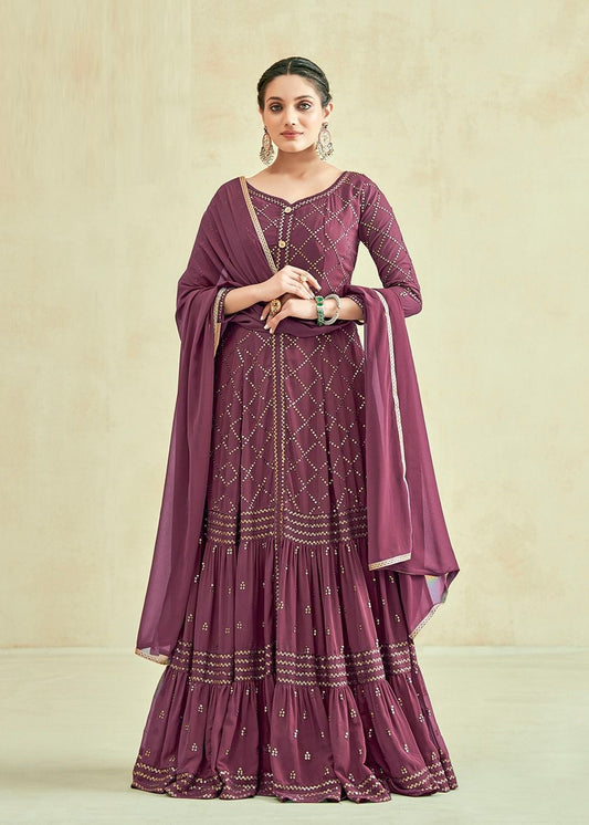 Partywear Wine Georgette Embroidery Gown With Dupatta