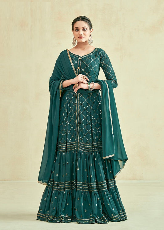 Partywear Green Georgette Embroidery Gown With Dupatta